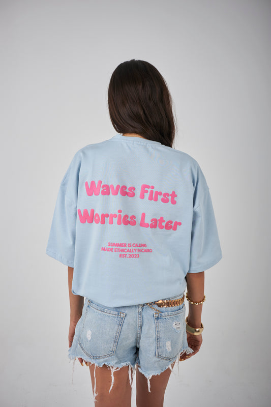 "WAVES FIRST" Baby blue Oversized Tee